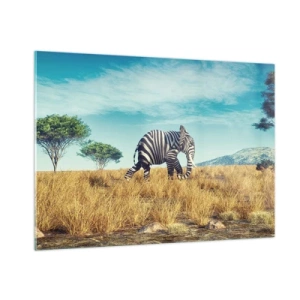 Glasbild - Bild auf glas - Ein Elefant mit Zebrastreifen in der Savanne unter freiem Himmel - 100x70cm - Grau ist nicht mehr in Mode - Moderne Wanddekoration für Wohnzimmer und Schlafzimmer ARTTOR