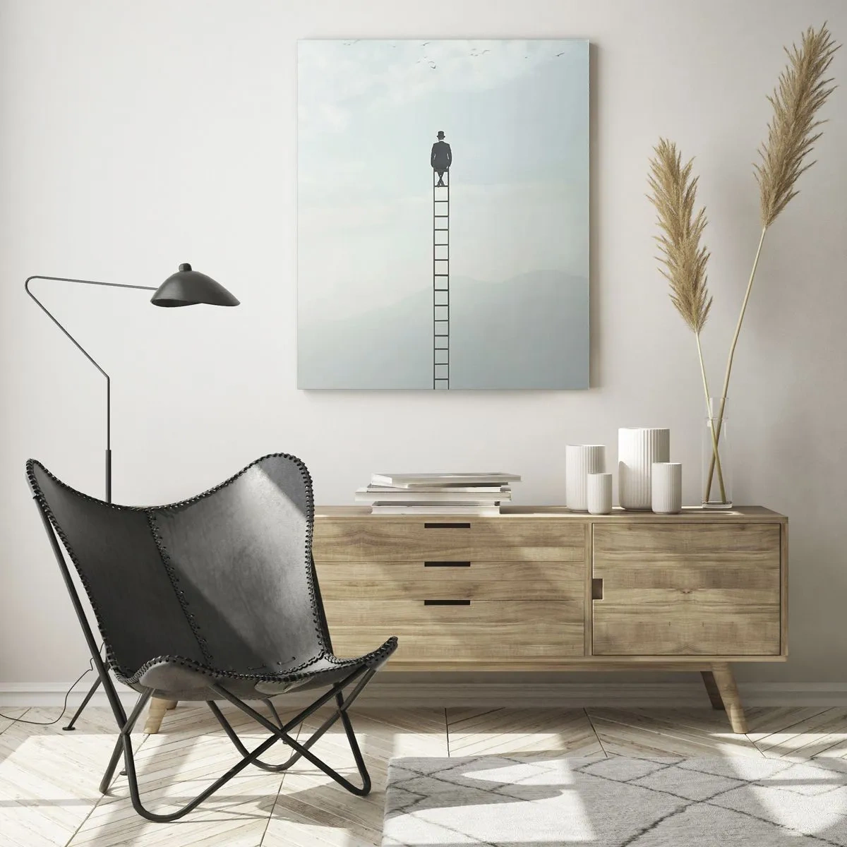 Glasbild - Bild auf glas - Silhouette eines Mannes oben auf einer Leiter in den Wolken - 50x70cm - Erhebe dich darüber! - Moderne Wanddekoration für Wohnzimmer und Schlafzimmer ARTTOR