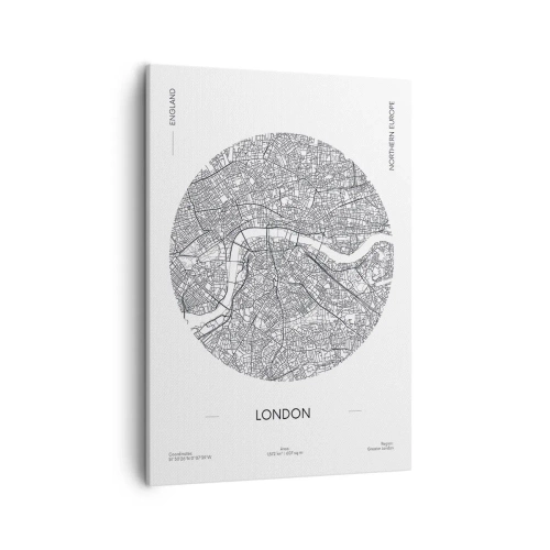 Bild auf Leinwand - Leinwandbild - Eine minimalistische Karte von London in Schwarzweiß mit präzisen Details. - 50x70cm - Anatomie von London - Moderne Wanddekoration für Wohnzimmer und Schlafzimmer ARTTOR