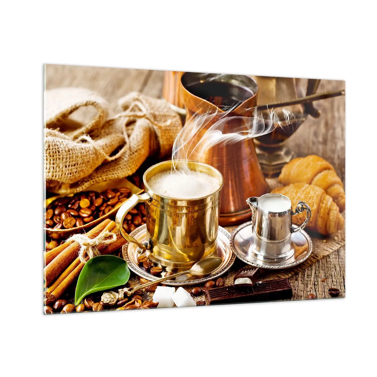 Glasbild - Bild auf glas - Eine goldene Tasse Kaffee mit Milch, umgeben von Körnern und Croissants - 100x70cm - Schönen Tag noch! - Moderne Wanddekoration für Wohnzimmer und Schlafzimmer ARTTOR