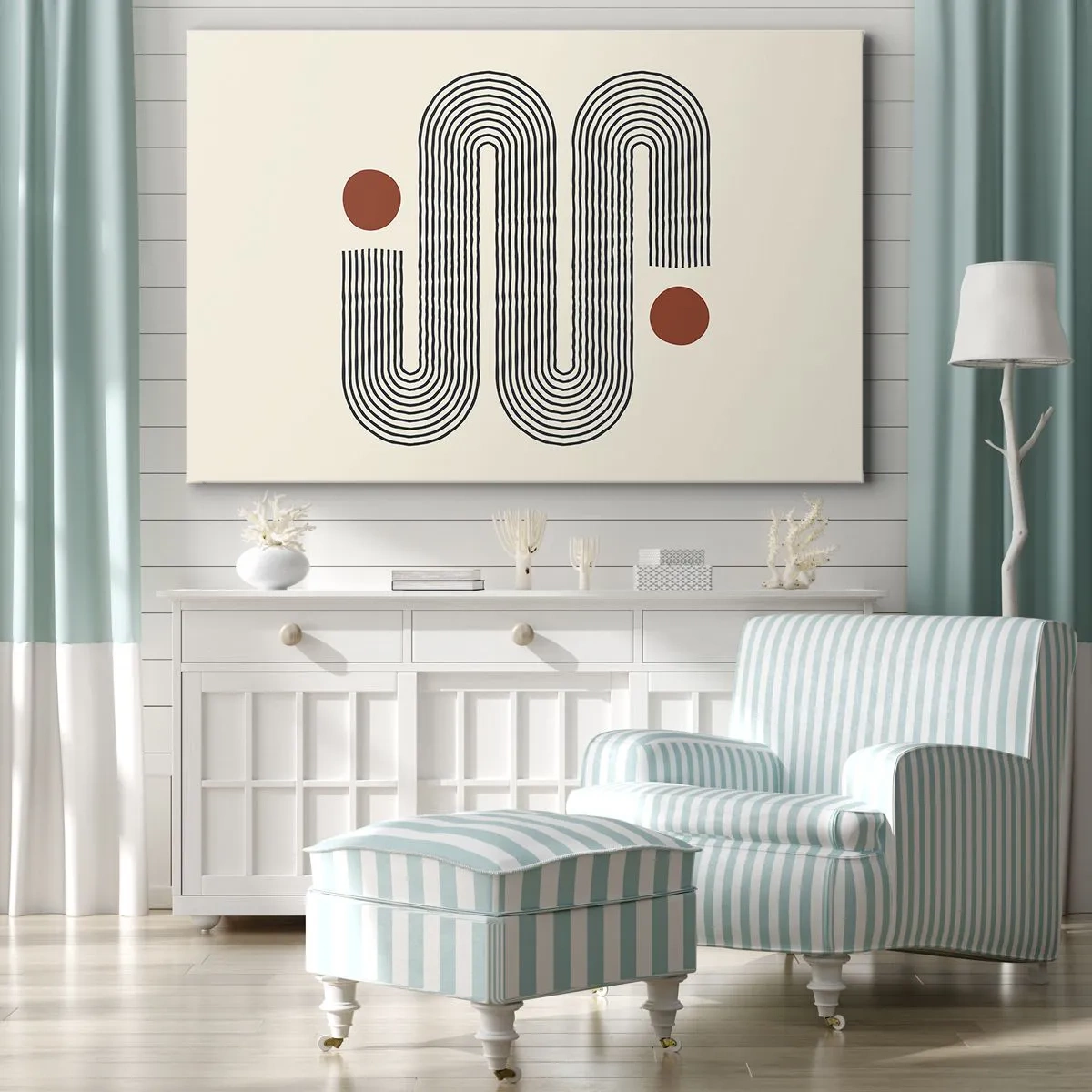Bild auf Leinwand - Leinwandbild - Geometrisches Muster mit Linien und orangefarbenen Kreisen - 100x70cm - Vom Anfang bis zum Ende - Moderne Wanddekoration für Wohnzimmer und Schlafzimmer ARTTOR