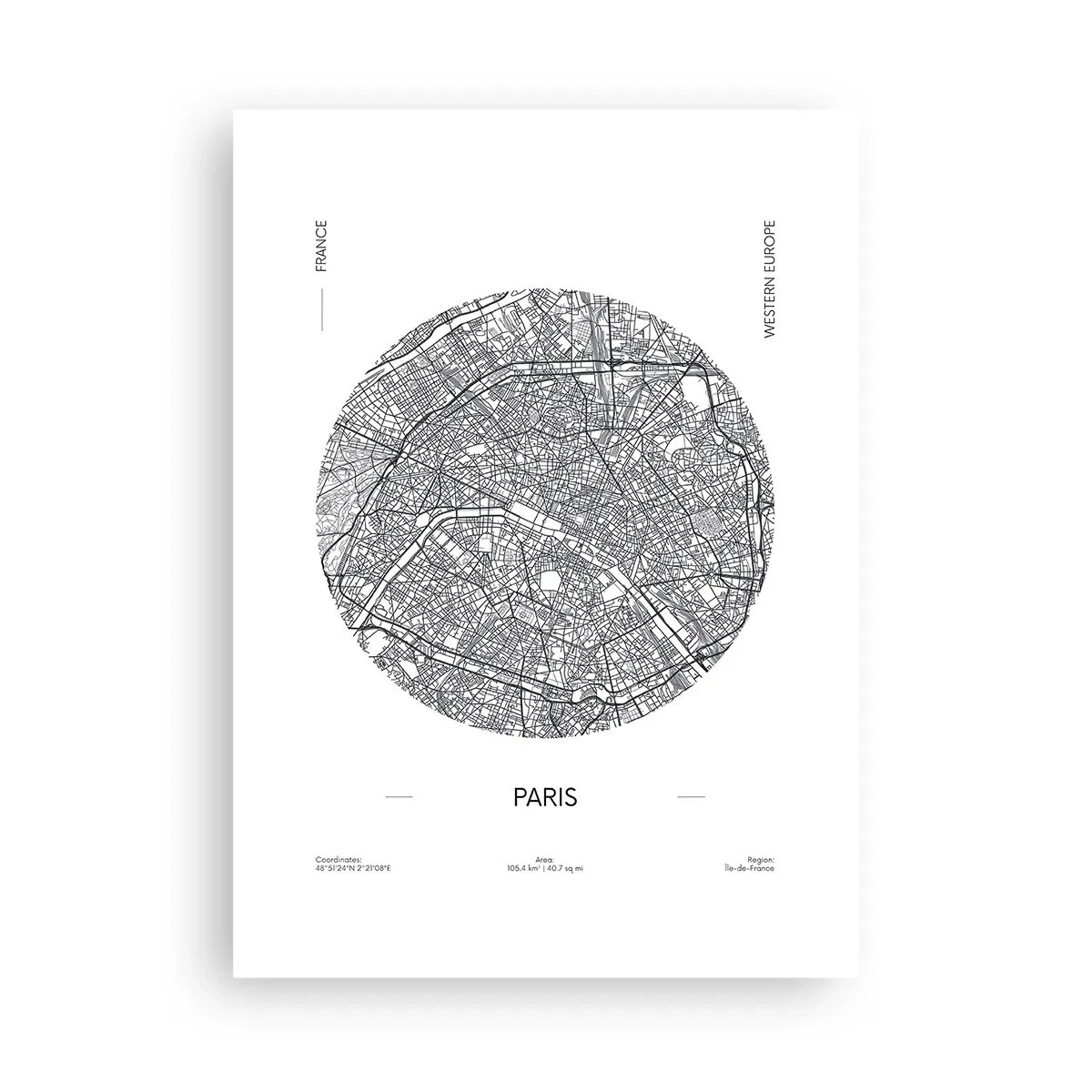 Poster - Minimalistische Karte von Paris in einem Kreis - 50x70cm - Anatomie von Paris - Moderne Wanddekoration für Wohnzimmer und Schlafzimmer ARTTOR