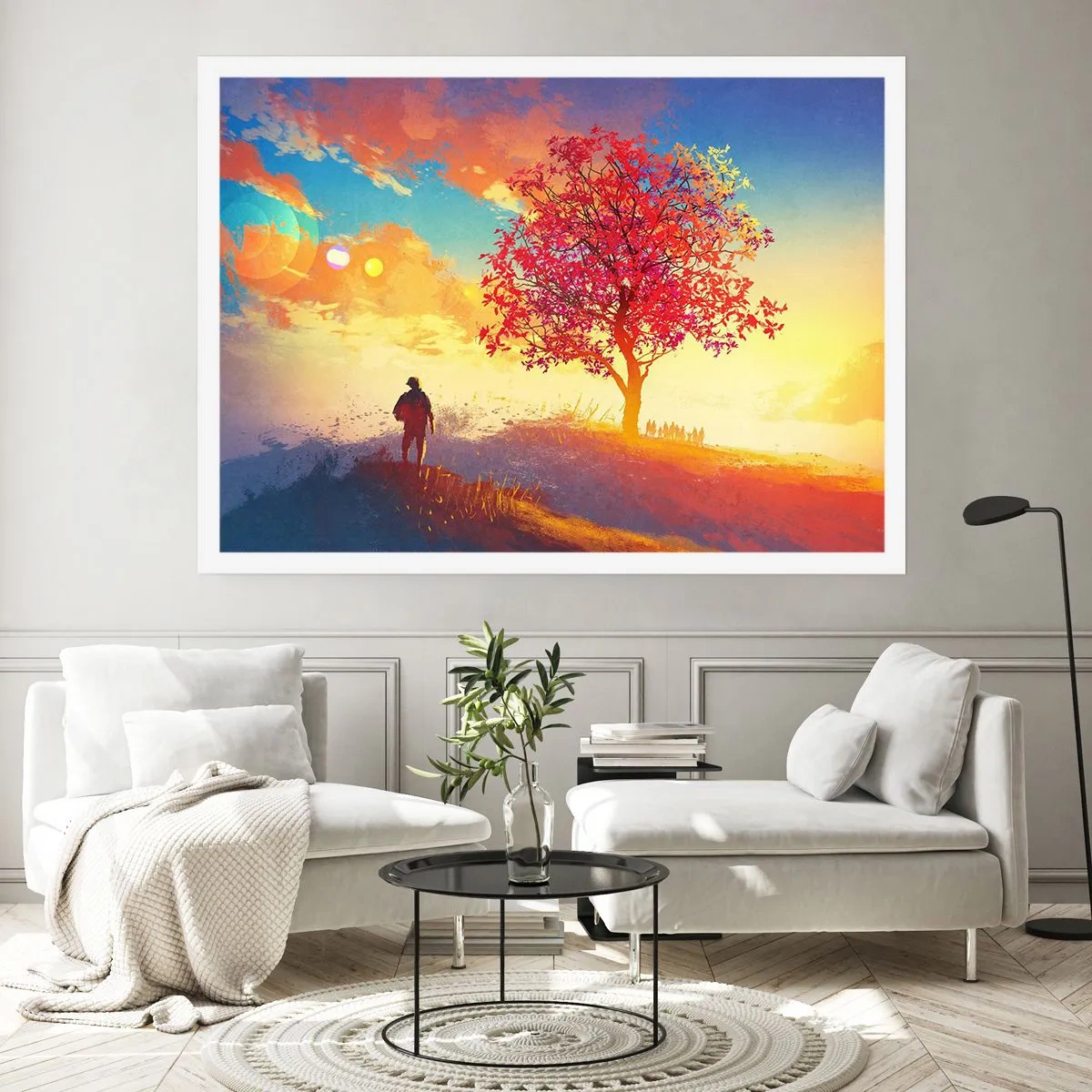 Poster - Eine Figur auf einem Hügel neben einem bunten Baum im Licht der untergehenden Sonne - 100x70cm - Pilger am Ziel - Moderne Wanddekoration für Wohnzimmer und Schlafzimmer ARTTOR
