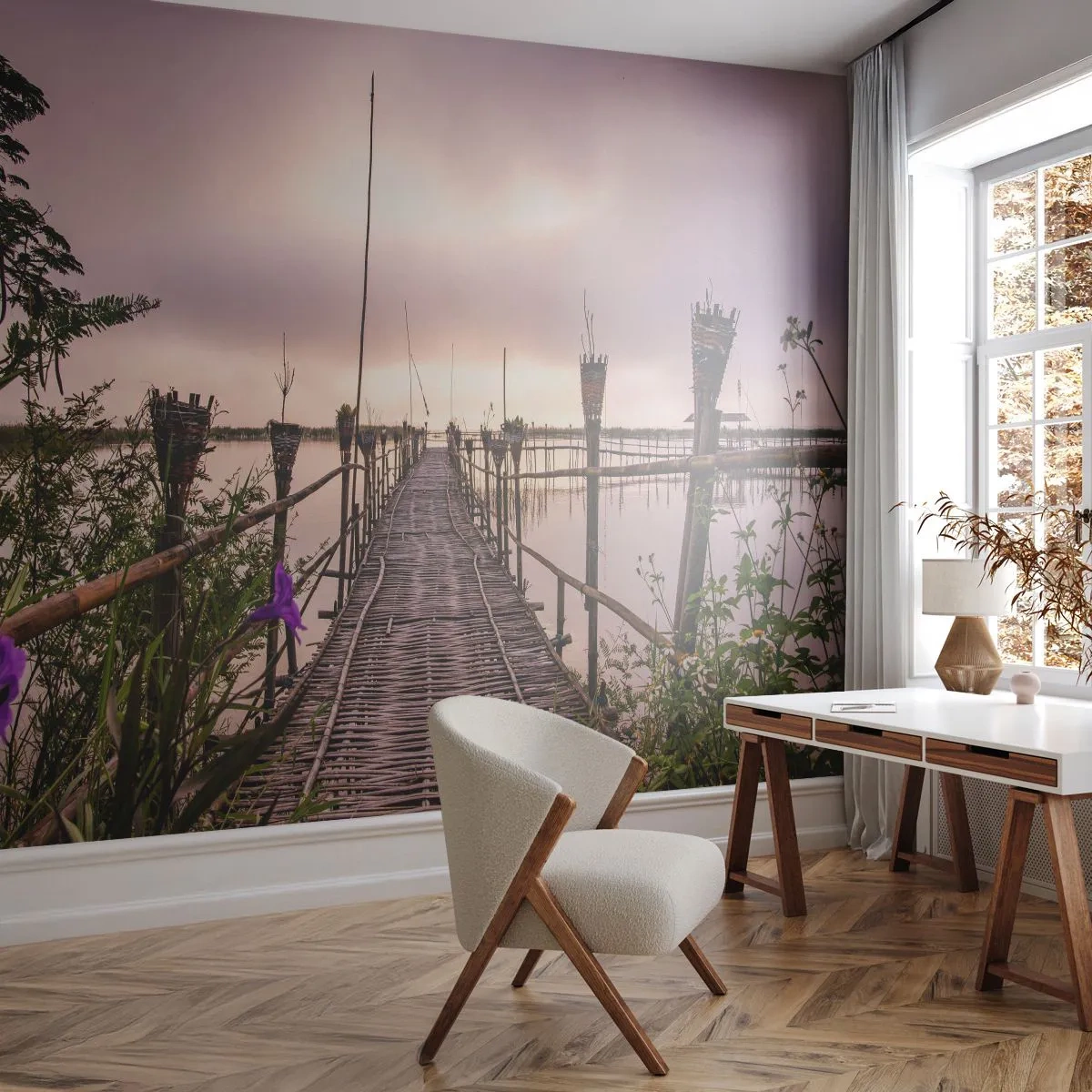 Fototapete Premium Canvas - Frieden und Ruhe Asiens - Landschaft, Fluss, Bambus - 250x175 cm