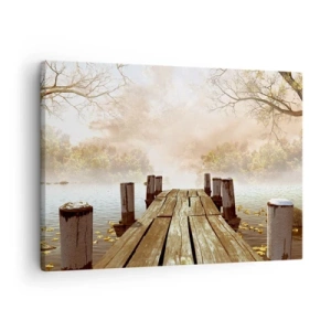 Bild auf Leinwand - Leinwandbild - Ein Holzsteg, der im Morgennebel auf einen ruhigen See führt - 70x50cm - Die milde Traurigkeit des Herbstes - Moderne Wanddekoration für Wohnzimmer und Schlafzimmer ARTTOR