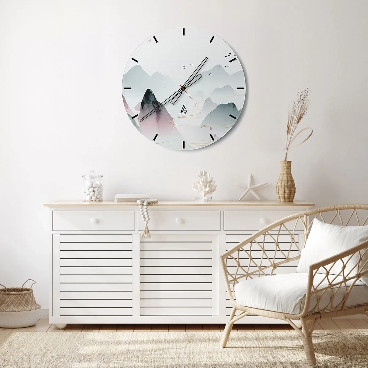 Wanduhr - Glasuhr - Eine minimalistische Berglandschaft in Pastelltönen mit fliegenden Vögeln. - 30x30cm - Über die Gipfel - Moderne Wanddekoration für Wohnzimmer, Küche und Schlafzimmer ARTTOR