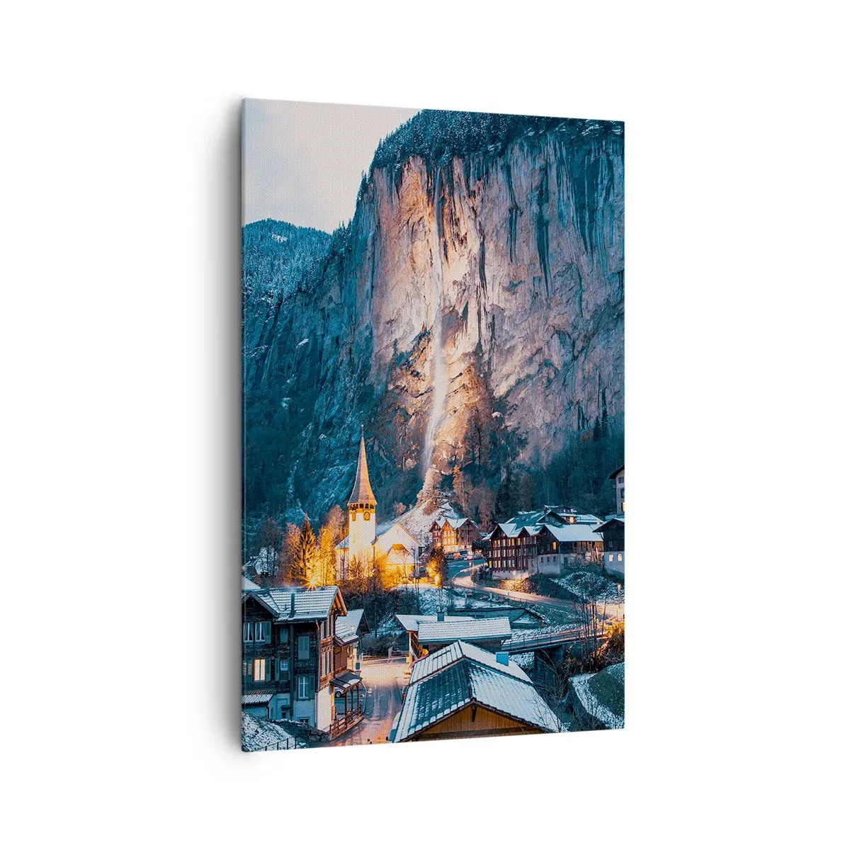 Bild auf Leinwand - Leinwandbild - Ein malerisches Winterdorf, umgeben von Bergen - 80x120cm - Der leuchtende Geist des Winters - Moderne Wanddekoration für Wohnzimmer und Schlafzimmer ARTTOR