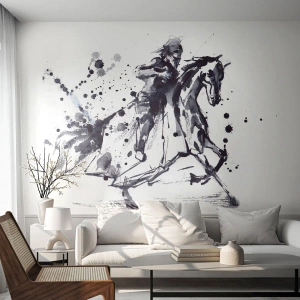 Fototapete Premium Sand - Schwarzer Ritter - Abstraktion, Ritter zu Pferd, Ritterrüstung - 300x210 cm