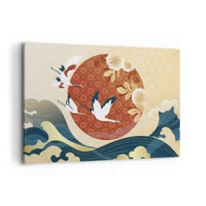 Bild auf Leinwand - Leinwandbild - Japanische Komposition mit Kranichen und Wellen - 120x80cm - Japanisches Märchen - Moderne Wanddekoration für Wohnzimmer und Schlafzimmer ARTTOR