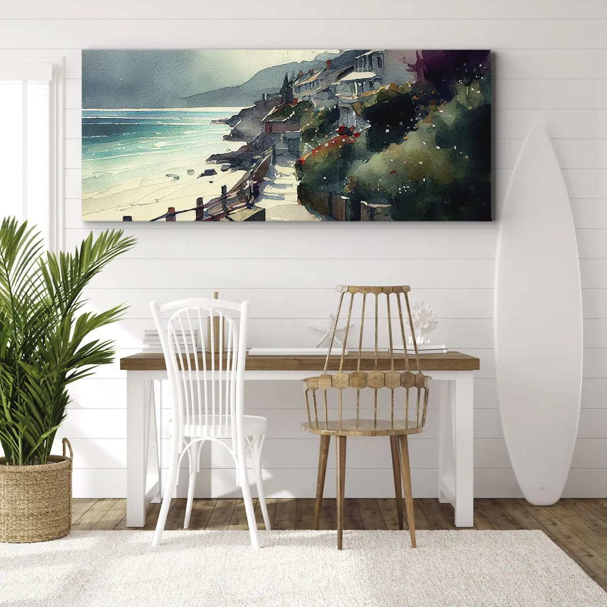 Bild auf Leinwand - Leinwandbild - Strandpromenade mit Häusern und Vegetation - 140x50cm - Mittelmeerstadt - Moderne Wanddekoration für Wohnzimmer und Schlafzimmer ARTTOR
