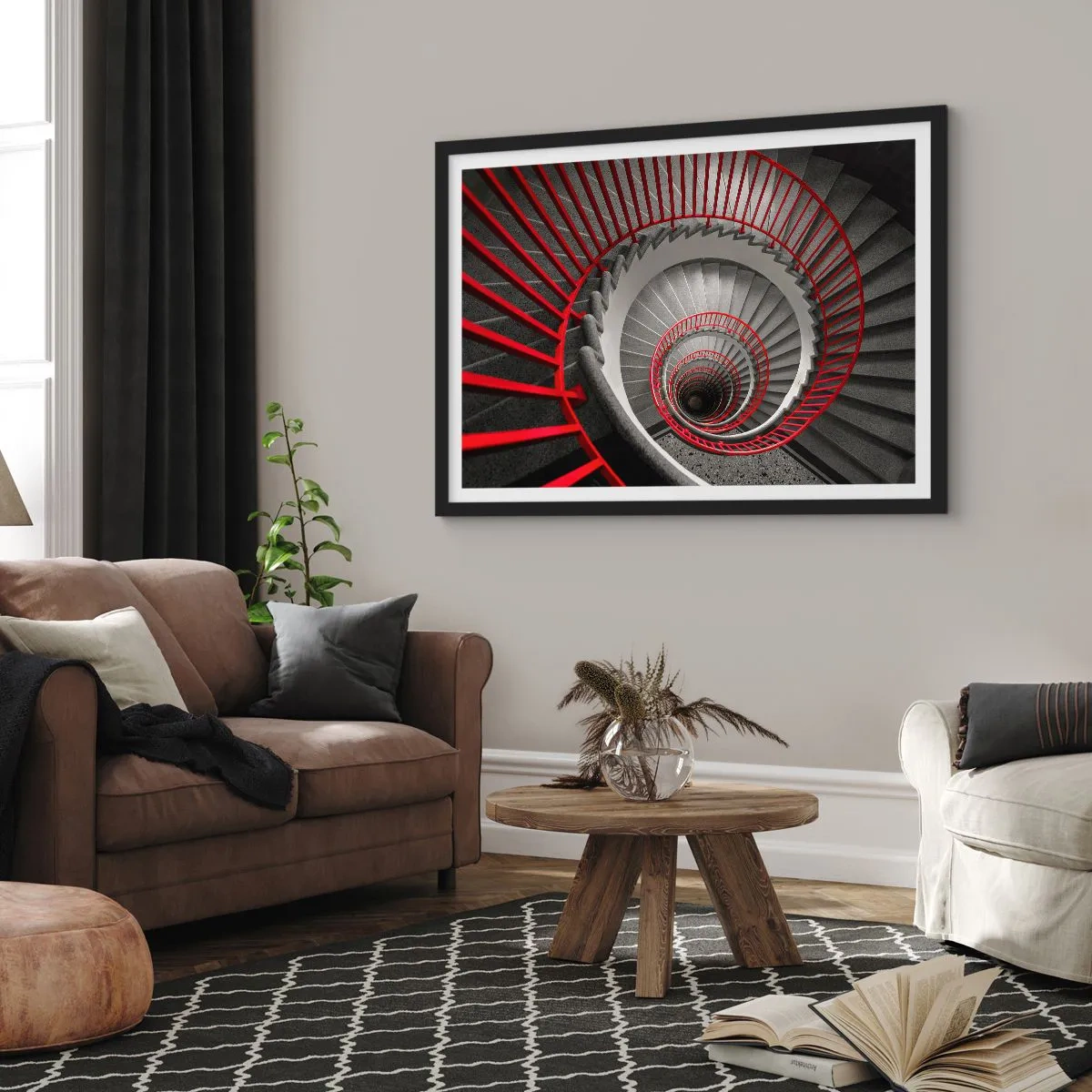 Poster in einem schwarzem Rahmen - Wendeltreppe mit roten Handläufen in dynamischer Perspektive - 70x50cm - Architekturspaß - Moderne Wanddekoration für Wohnzimmer und Schlafzimmer ARTTOR