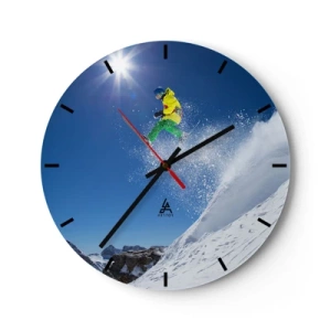 Wanduhr - Glasuhr - Ein Skifahrer macht einen Sprung mit Bergen im Hintergrund - 30x30cm - Tanzen mit den Bergen - Moderne Wanddekoration für Wohnzimmer, Küche und Schlafzimmer ARTTOR