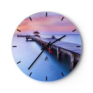Wanduhr - Glasuhr - Ein Holzsteg bei Sonnenuntergang über einem ruhigen Meer - 30x30cm - Ein Meer der Ruhe bis zum Horizont - Moderne Wanddekoration für Wohnzimmer, Küche und Schlafzimmer ARTTOR