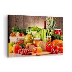 Bild auf Leinwand - Leinwandbild - Buntes Obst, Gemüse und Lebensmittel - 120x80cm - Geräuchert, gebacken und eingelegt - Moderne Wanddekoration für Wohnzimmer und Schlafzimmer ARTTOR