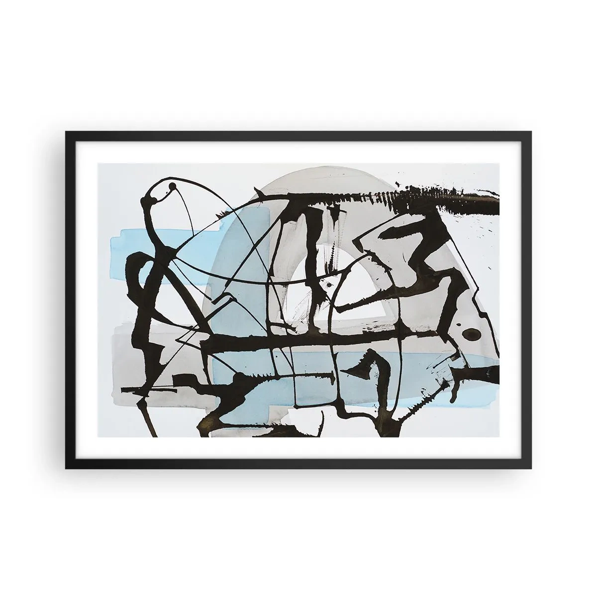 Poster in einem schwarzem Rahmen - Abstrakte Linien und Formen in Blau und Schwarz - 70x50cm - Trotzdem blau - Moderne Wanddekoration für Wohnzimmer und Schlafzimmer ARTTOR