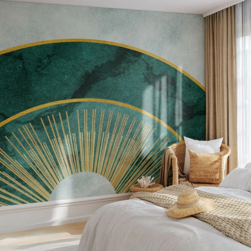 Fototapete Premium Sand - Goldene Strahlen vor einem Hintergrund aus grünem Marmor und Grau - 100x70cm - Anderes Sonnensystem - Moderne Wanddekoration für Wohnzimmer und Schlafzimmer ARTTOR