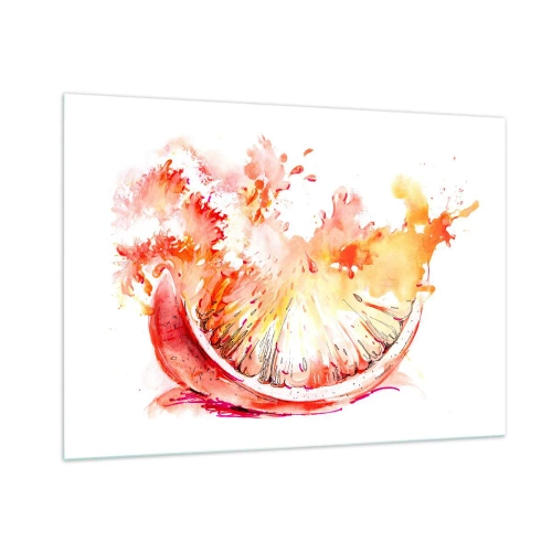 Glasbild - Bild auf glas - Aquarellmalerei eines saftigen Grapefruitsegments in Bewegung - 100x70cm - Saftige Erfrischung - Moderne Wanddekoration für Wohnzimmer und Schlafzimmer ARTTOR