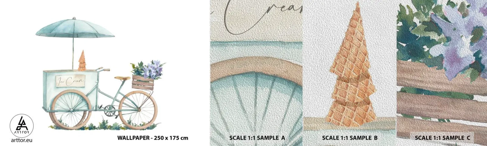 Fototapeten Muster Premium Sand - Süße Erinnerung an den Sommer - Pastell, Eiscreme, Fahrrad - 100x30 cm