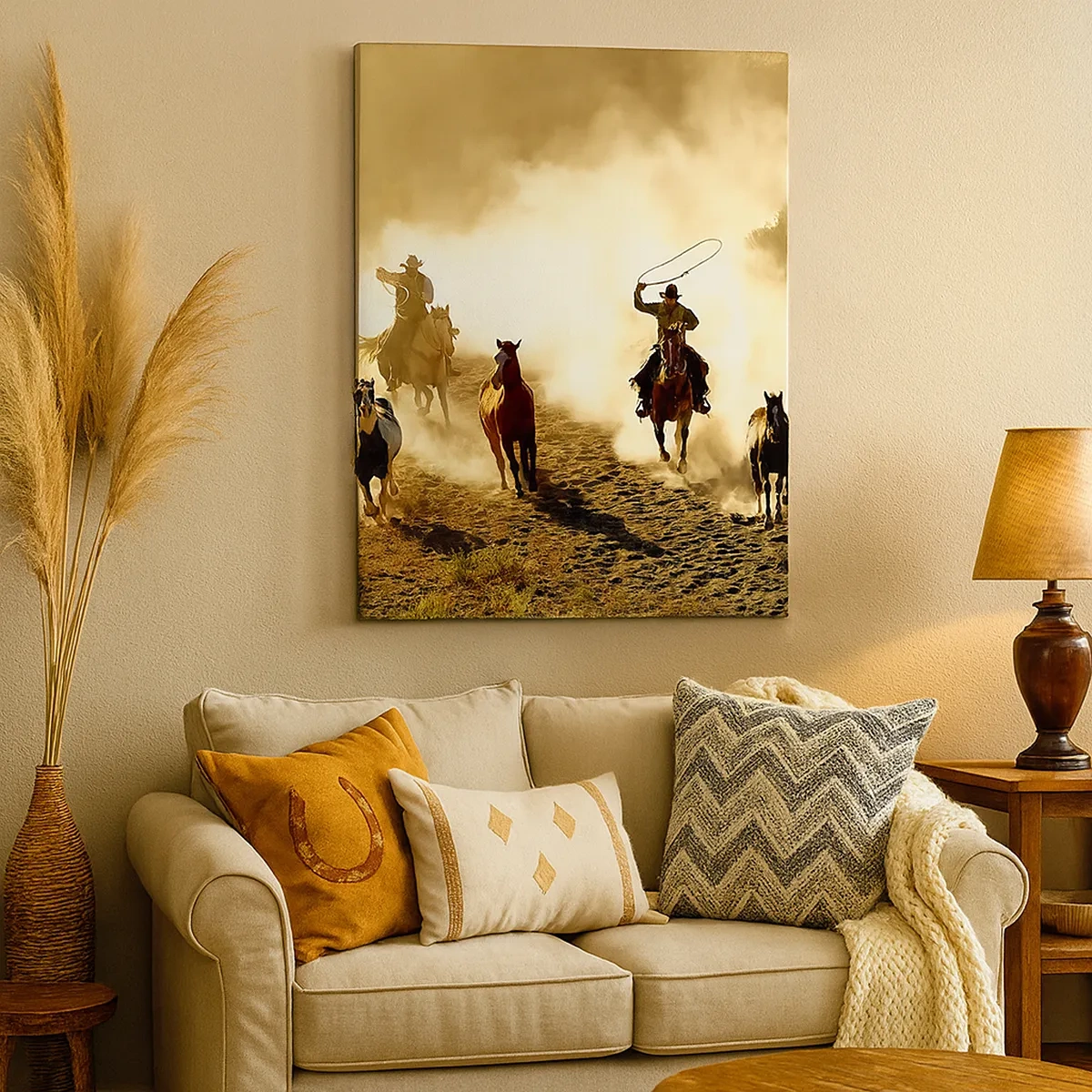 Bild auf Leinwand - Leinwandbild - Cowboys zu Pferd in Aktion im Wüstengelände - 50x70cm - Wirklich wilder Westen - Moderne Wanddekoration für Wohnzimmer und Schlafzimmer ARTTOR