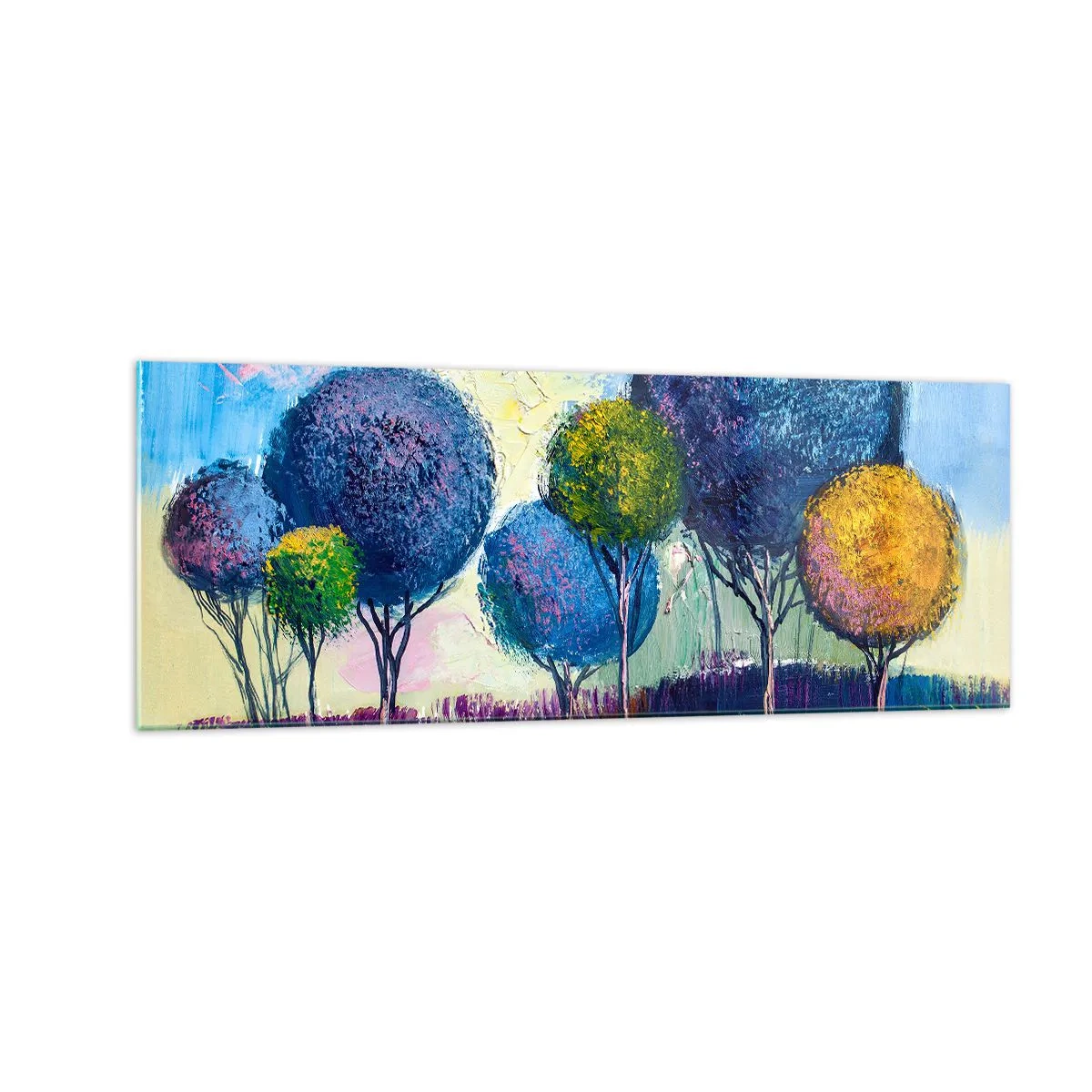 Glasbild - Bild auf glas - Bunte kugelförmige Bäume vor dem Hintergrund einer Landschaft - 140x50cm - Kugel - die Form des Ideals - Moderne Wanddekoration für Wohnzimmer und Schlafzimmer ARTTOR