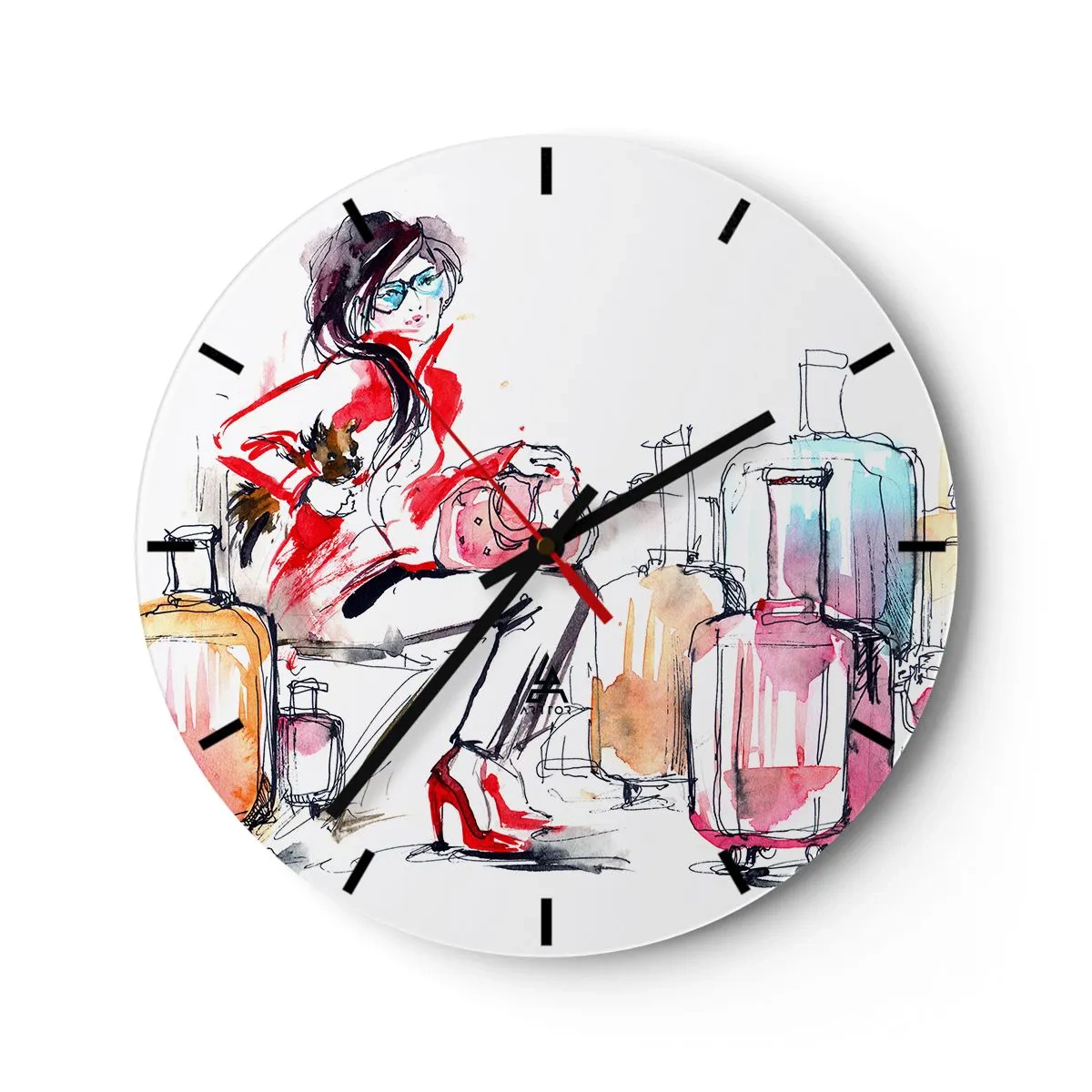 Wanduhr - Glasuhr - Eine Frau im roten Mantel, umgeben von Koffern und Reiseaccessoires. - 30x30cm - Setzen wir uns vor der Reise hin - Moderne Wanddekoration für Wohnzimmer, Küche und Schlafzimmer ARTTOR