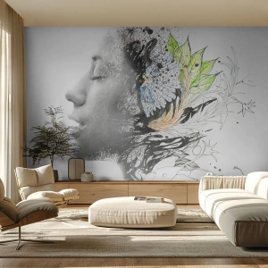 Selbstklebende Fototapete Deluxe Sticker - Eingebettet in der Natur - Abstraktion, Das Gesicht einer Frau, Blumen - 100x70 cm