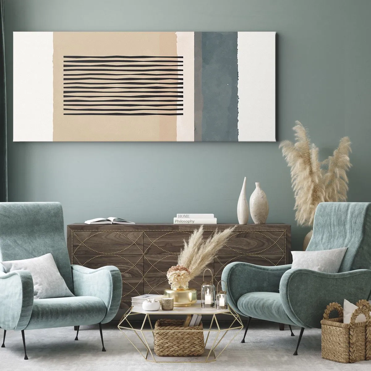 Bild auf Leinwand - Leinwandbild - Minimalistische geometrische Formen in Beige- und Grüntönen - 140x50cm - Alles ist in Ordnung - Moderne Wanddekoration für Wohnzimmer und Schlafzimmer ARTTOR