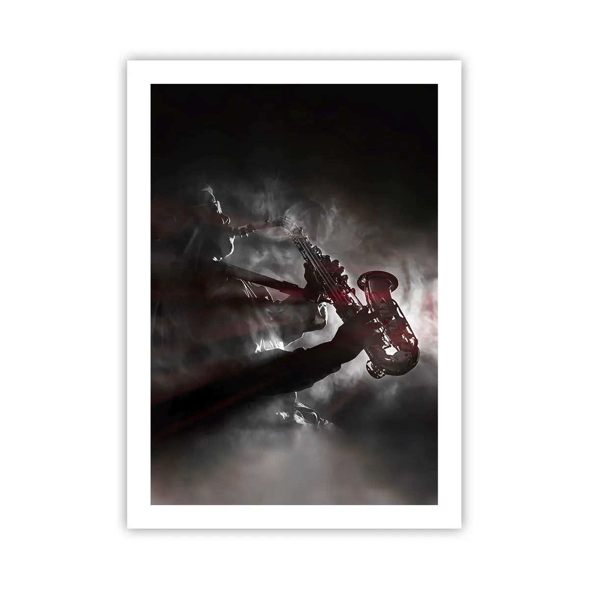Poster - Die starke Silhouette des Saxophonisten in einer Jazz-Atmosphäre - 50x70cm - In den Dämpfen des Jazz - Moderne Wanddekoration für Wohnzimmer und Schlafzimmer ARTTOR