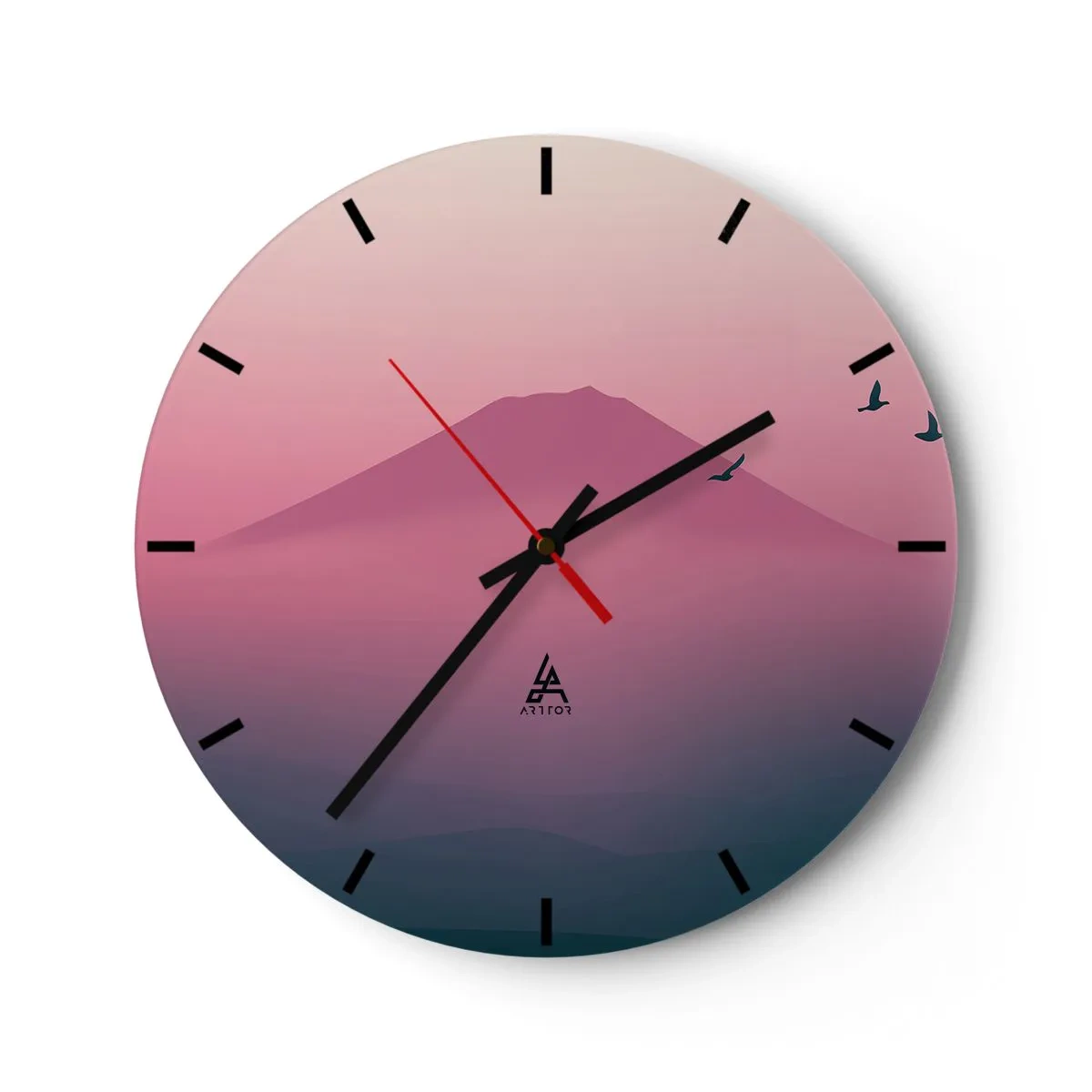 Wanduhr - Glasuhr - Ein Berg in der Abenddämmerung mit rosa und violetten Farbtönen - 30x30cm - Wanderer über den Wolken - Moderne Wanddekoration für Wohnzimmer, Küche und Schlafzimmer ARTTOR
