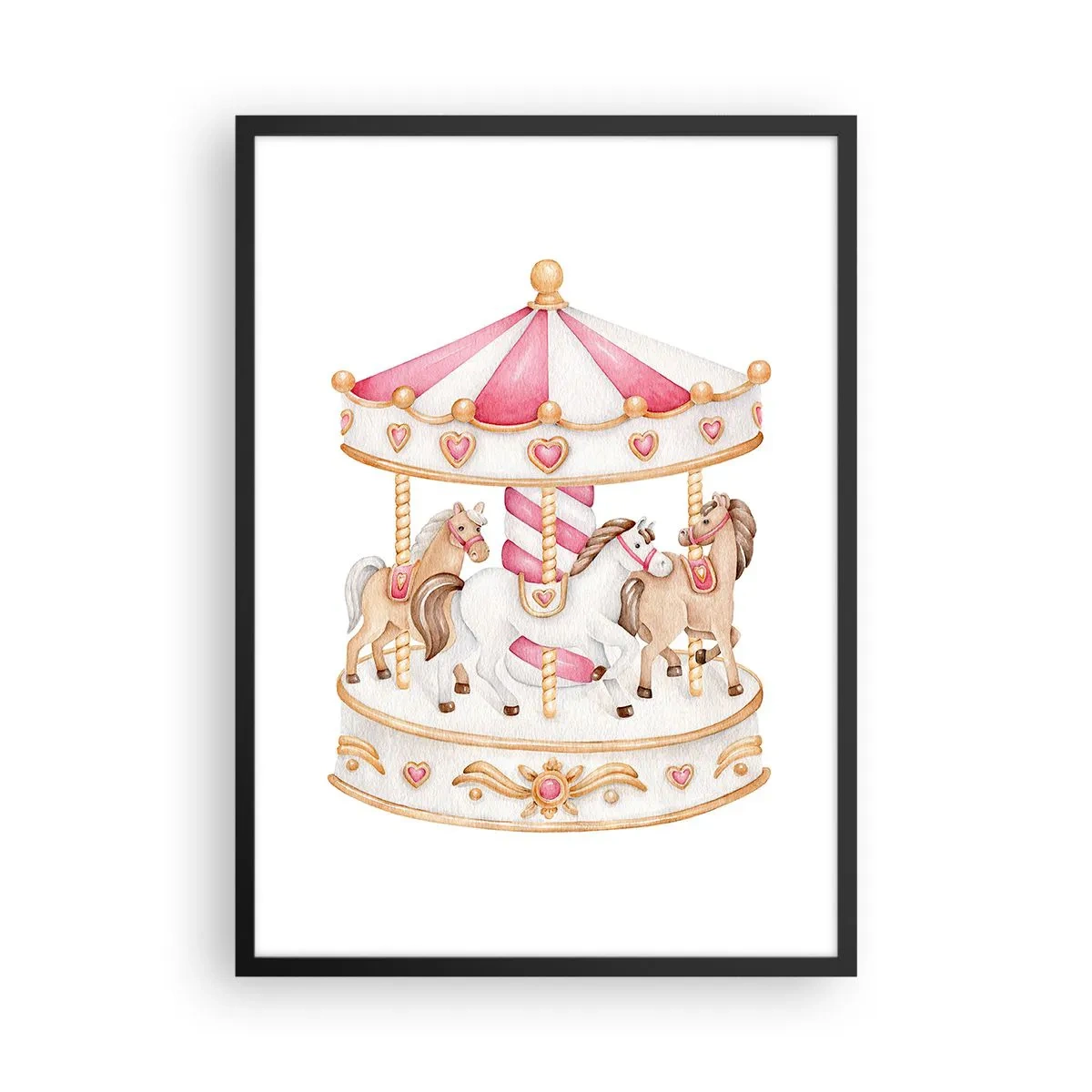 Poster in einem schwarzem Rahmen - Aquarellkarussell in Pastelltönen von Rosa - 50x70cm - Süße Welt der Kindheit - Moderne Wanddekoration für Wohnzimmer und Schlafzimmer ARTTOR