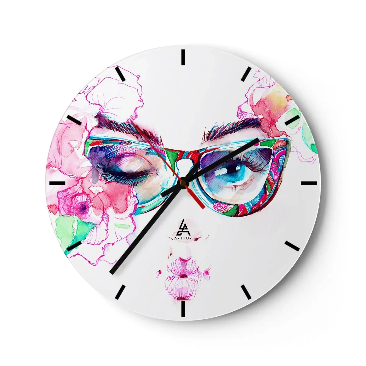Wanduhr - Glasuhr - Aquarellporträt mit bunten Gläsern und Blumen - 30x30cm - Ein verlockendes Versprechen - Moderne Wanddekoration für Wohnzimmer, Küche und Schlafzimmer ARTTOR