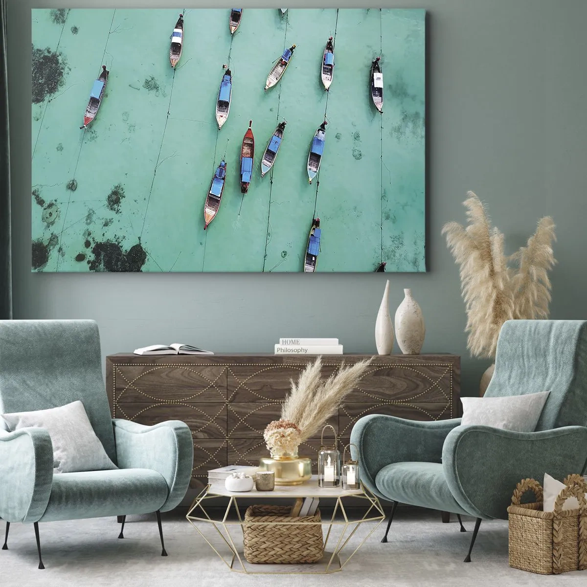 Bild auf Leinwand - Leinwandbild - Boote auf türkisfarbenem Wasser aus der Vogelperspektive - 70x50cm - In freudiger Erwartung - Moderne Wanddekoration für Wohnzimmer und Schlafzimmer ARTTOR
