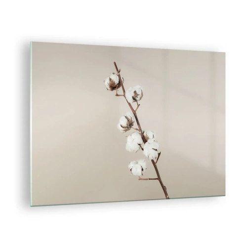 Glasbild - Bild auf glas - Ein Baumwollzweig auf hellem, minimalistischem Hintergrund - 70x50cm - An der Quelle der Weichheit - Moderne Wanddekoration für Wohnzimmer und Schlafzimmer ARTTOR