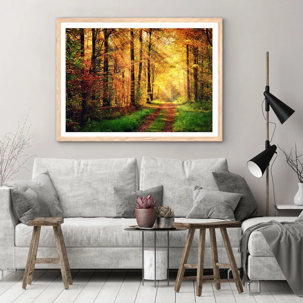 Poster in einem Rahmen aus heller Eiche - Waldgoldene Stille - 70x50 cm