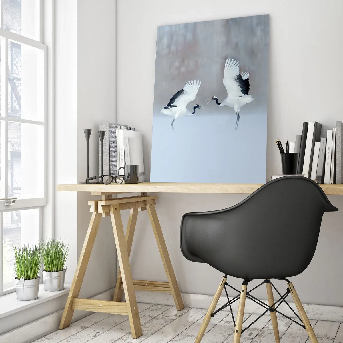 Glasbild - Bild auf glas - Tanzende Kraniche vor der Kulisse einer Winterlandschaft - 50x70cm - Tanz im Nebel - Moderne Wanddekoration für Wohnzimmer und Schlafzimmer ARTTOR