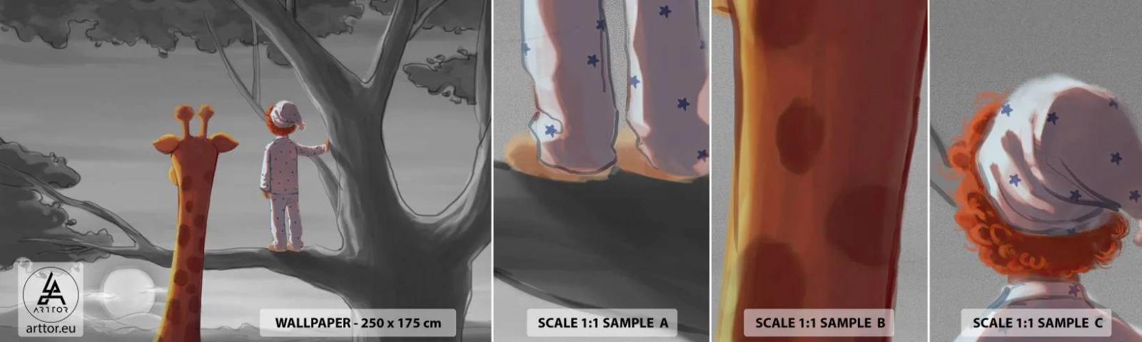 Fototapetenmuster Standard Eco - Das passiert wirklich - Giraffe, Kinder, Traum - 100x30 cm