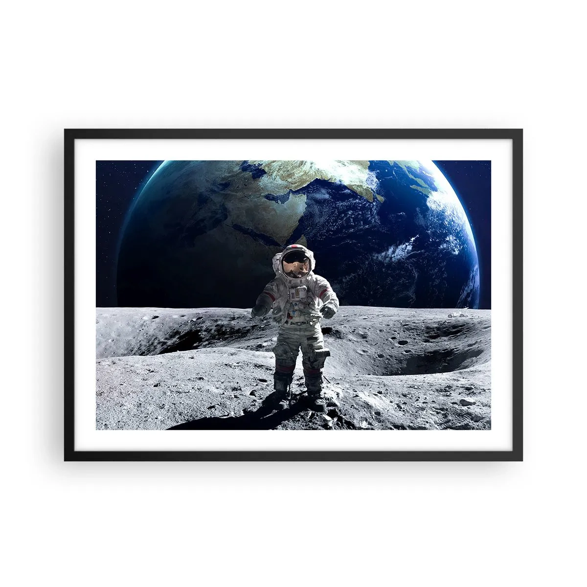 Poster in einem schwarzem Rahmen - Astronaut auf der Mondoberfläche mit der Erde im Hintergrund - 70x50cm - Grüße vom Mond - Moderne Wanddekoration für Wohnzimmer und Schlafzimmer ARTTOR