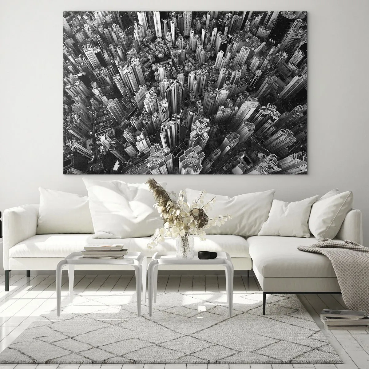 Glasbild - Bild auf glas - Schwarz-weiße Vogelperspektive der Stadt - 70x50cm - Immer höher und höher - Moderne Wanddekoration für Wohnzimmer und Schlafzimmer ARTTOR