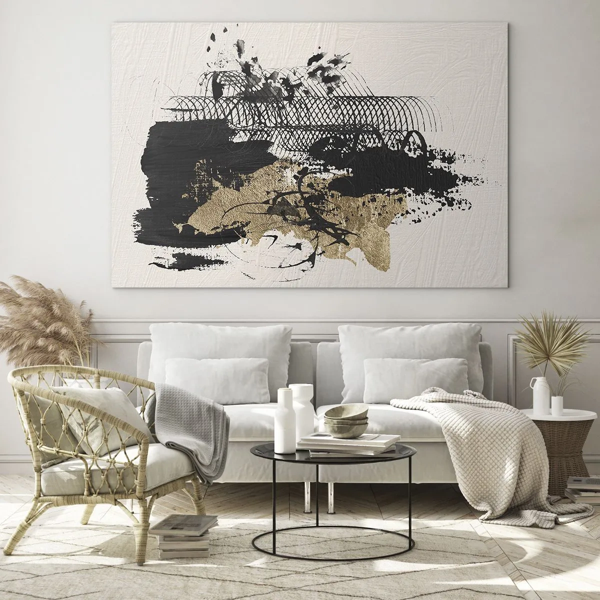 Glasbild - Bild auf glas - Abstrakte Komposition in Schwarz und Gold auf hellem Hintergrund - 70x50cm - Komposition mit Leidenschaft - Moderne Wanddekoration für Wohnzimmer und Schlafzimmer ARTTOR
