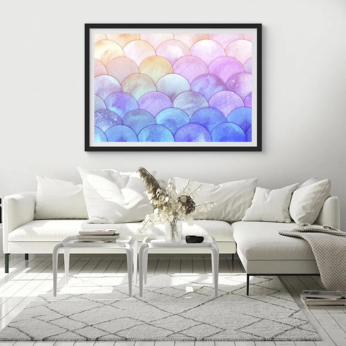 Poster in einem schwarzem Rahmen - Abstrakte Schuppen in Pastelltönen - 70x50cm - Perlenschuppe - Moderne Wanddekoration für Wohnzimmer und Schlafzimmer ARTTOR