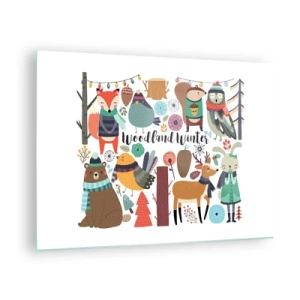 Glasbild - Bild auf glas - Winterwald mit niedlichen Tieren in der Illustration - 70x50cm - Märchenhafter Urlaub im Wald - Moderne Wanddekoration für Wohnzimmer und Schlafzimmer ARTTOR