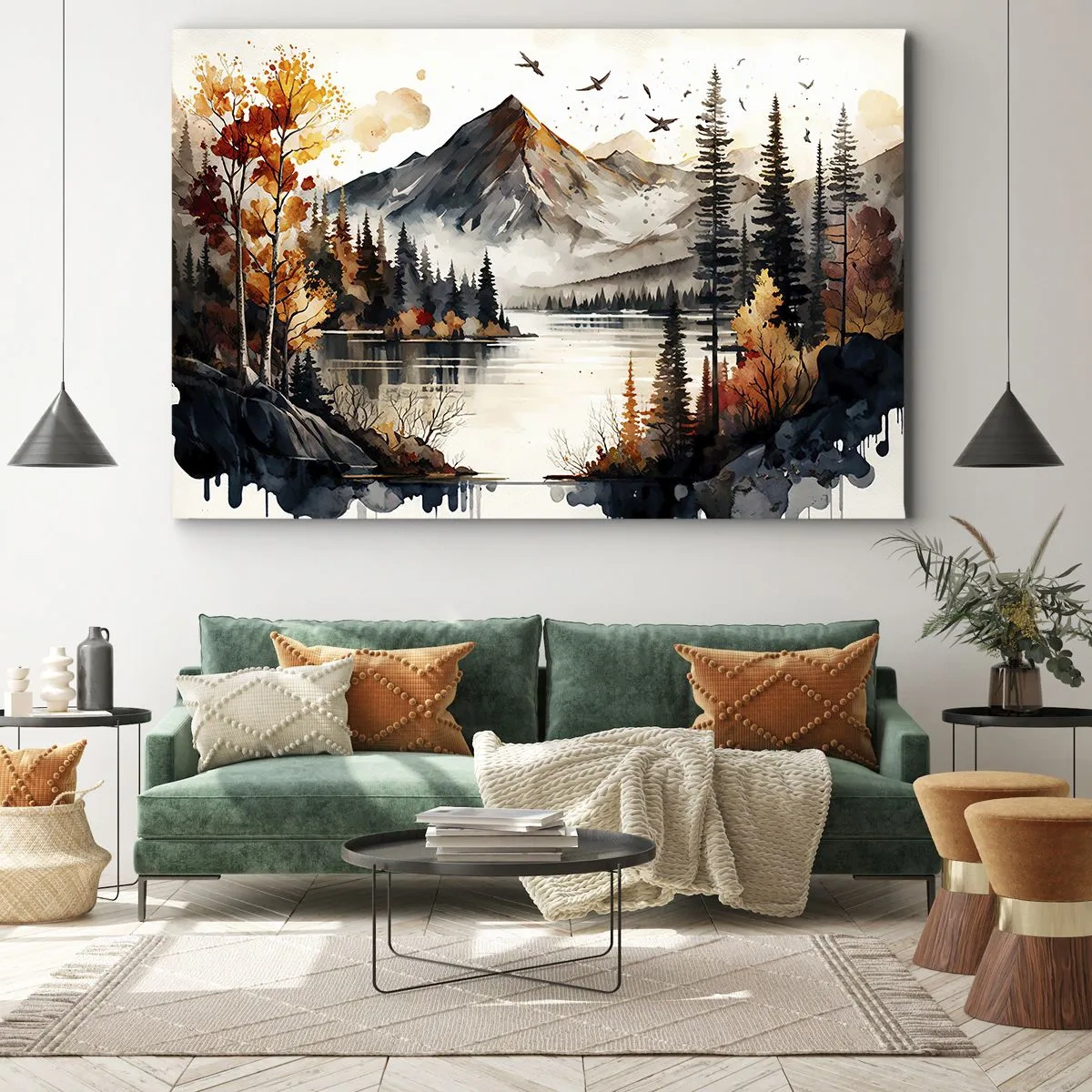 Bild auf Leinwand - Leinwandbild - Herbstliche Berglandschaft mit See und Bäumen in Aquarell - 120x80cm - Goldener Herbst in den Bergen - Moderne Wanddekoration für Wohnzimmer und Schlafzimmer ARTTOR