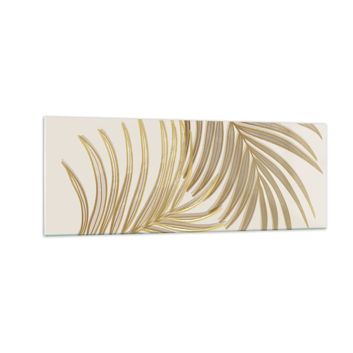 Glasbild - Bild auf glas - Goldene Palmblätter auf hellem Hintergrund im minimalistischen Stil - 140x50cm - Goldene Palme! - Moderne Wanddekoration für Wohnzimmer und Schlafzimmer ARTTOR