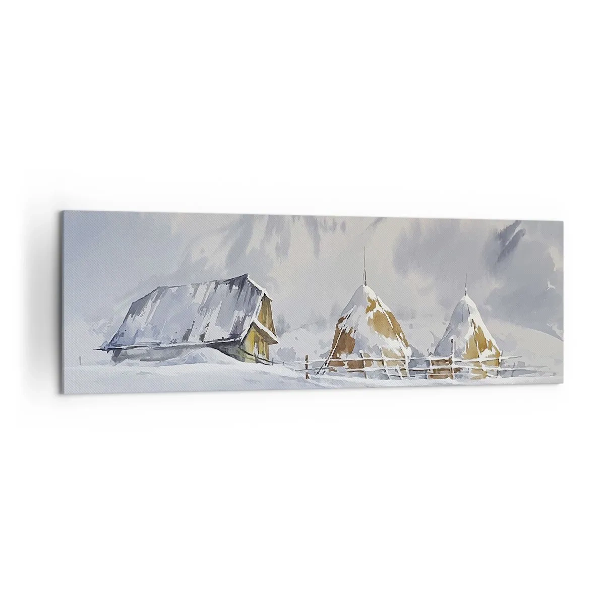 Bild auf Leinwand - Leinwandbild - Winterlandschaft mit Hütte und Heuhaufen in den Bergen - 160x50cm - In einem verschneiten Talkessel - Moderne Wanddekoration für Wohnzimmer und Schlafzimmer ARTTOR