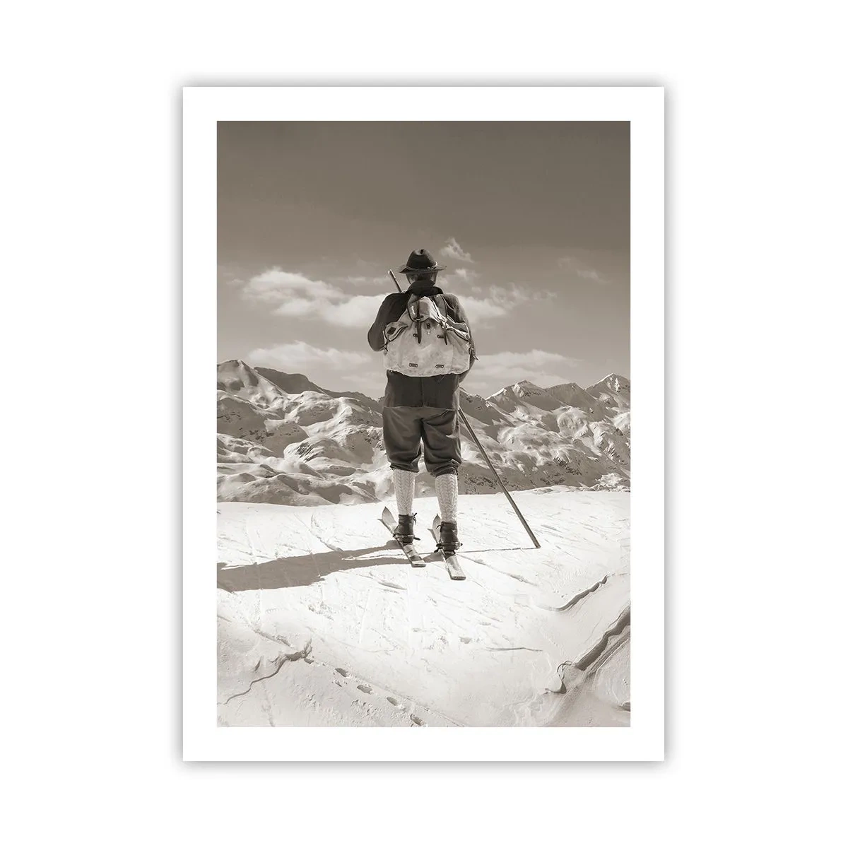 Poster - Ein Skifahrer im Retro-Stil mit Bergen im Hintergrund - 50x70cm - Und die Berge bleiben unverändert - Moderne Wanddekoration für Wohnzimmer und Schlafzimmer ARTTOR