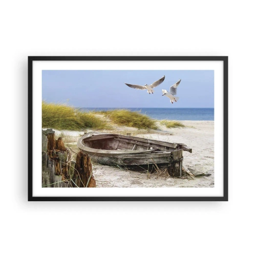 Poster in einem schwarzem Rahmen - Verlassenes Boot an einem Strand mit Möwen - 70x50cm - In Wind gebadet - Moderne Wanddekoration für Wohnzimmer und Schlafzimmer ARTTOR