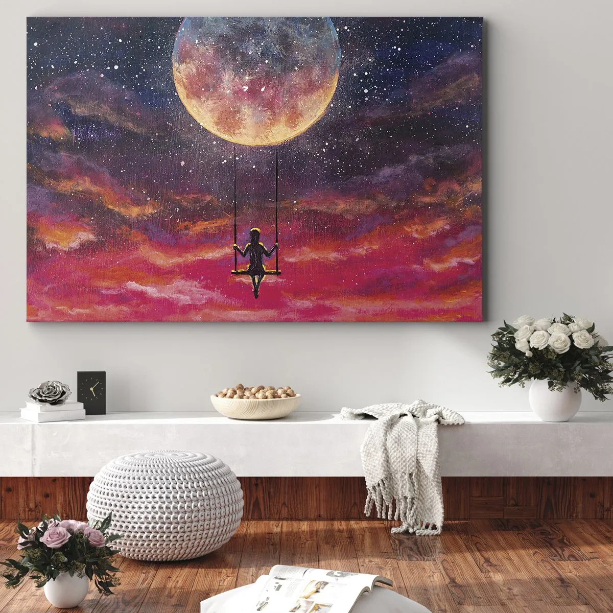Bild auf Leinwand - Leinwandbild - Eine Figur auf einer Schaukel, die vor dem Mond hängt - 70x50cm - Traum - Moderne Wanddekoration für Wohnzimmer und Schlafzimmer ARTTOR