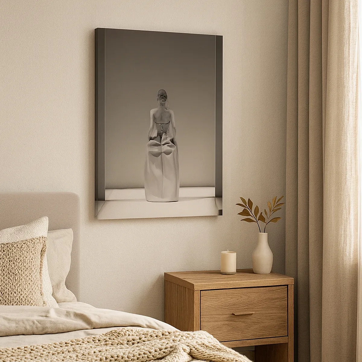 Bild auf Leinwand - Leinwandbild - Ein Schwarzweißgemälde mit einer minimalistischen Szene einer Frau in einem geometrischen Raum. - 50x70cm - Raffinierte Einfachheit - Moderne Wanddekoration für Wohnzimmer und Schlafzimmer ARTTOR