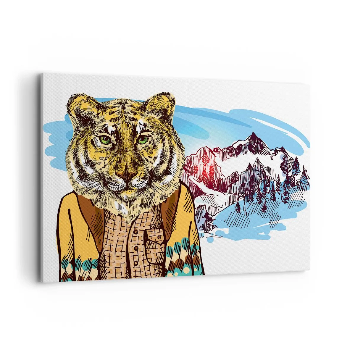 Bild auf Leinwand - Leinwandbild - Ein Tiger im Mantel vor einer Berglandschaft - 100x70cm - Nicht so wild, wie sie ihn zeichnen - Moderne Wanddekoration für Wohnzimmer und Schlafzimmer ARTTOR