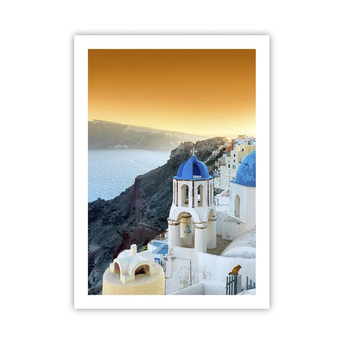 Poster - Santorini mit seinen weißen Häusern und blauen Kuppeln - 50x70cm - Santorini - an die Felsen gekuschelt - Moderne Wanddekoration für Wohnzimmer und Schlafzimmer ARTTOR